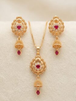 Exquisite Gold-Plated Filigree Pendant Necklace and Dangler Jhumka Earrings Set with Ruby Red Stones