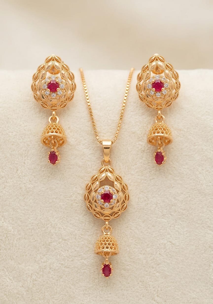 Exquisite Gold-Plated Filigree Pendant Necklace and Dangler Jhumka Earrings Set with Ruby Red Stones