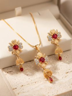 Exquisite Gold-Plated Floral Pendant Necklace and Dangler Jhumka Earrings Set with Ruby Red and White Stones