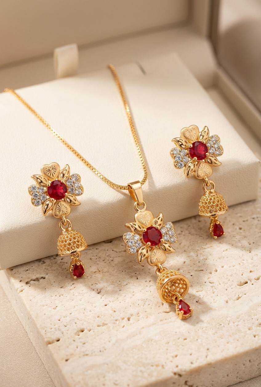 Exquisite Gold-Plated Floral Pendant Necklace and Dangler Jhumka Earrings Set with Ruby Red and White Stones