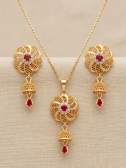 Elegant Gold-Plated Scalloped Flower Pendant Necklace and Red Stone Jhumka Earrings Set