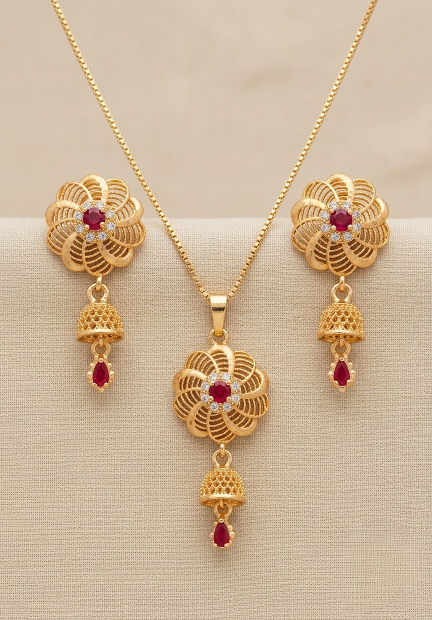 Elegant Gold-Plated Scalloped Flower Pendant Necklace and Red Stone Jhumka Earrings Set