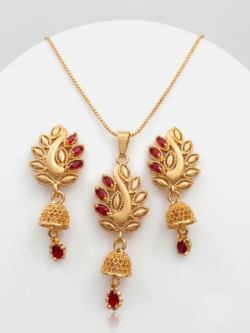 Traditional Gold-Plated Leaf Motif Pendant Necklace and Ruby Red Stone Jhumka Earrings Set
