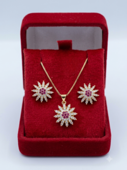 Dazzling Rose Gold Plated Sunburst Pendant Necklace and Stud Earring Set with Pink and White Stones