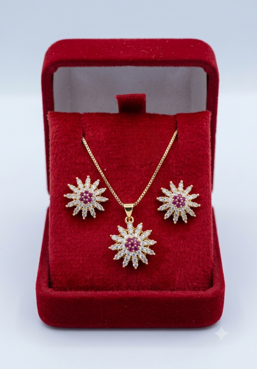 Dazzling Rose Gold Plated Sunburst Pendant Necklace and Stud Earring Set with Pink and White Stones