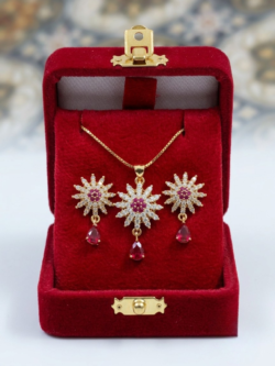 Sunburst Ruby Teardrop Pendant Set with Earrings