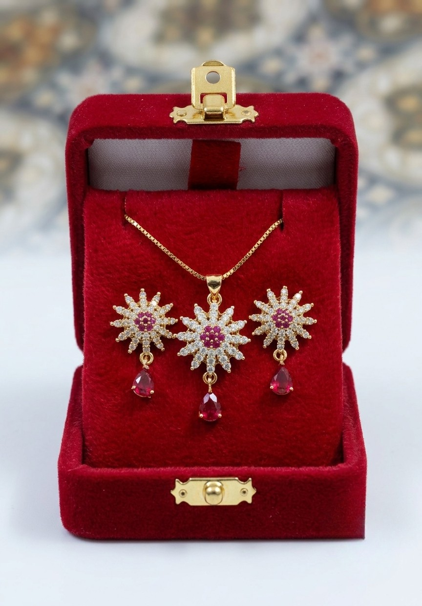Sunburst Ruby Teardrop Pendant Set with Earrings
