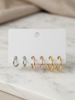 Triple-Tone Huggie Hoop Set (Gold, Rose Gold, Silver)