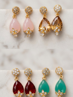 Multi-Color Flower Stud Earrings with Teardrop Drops
