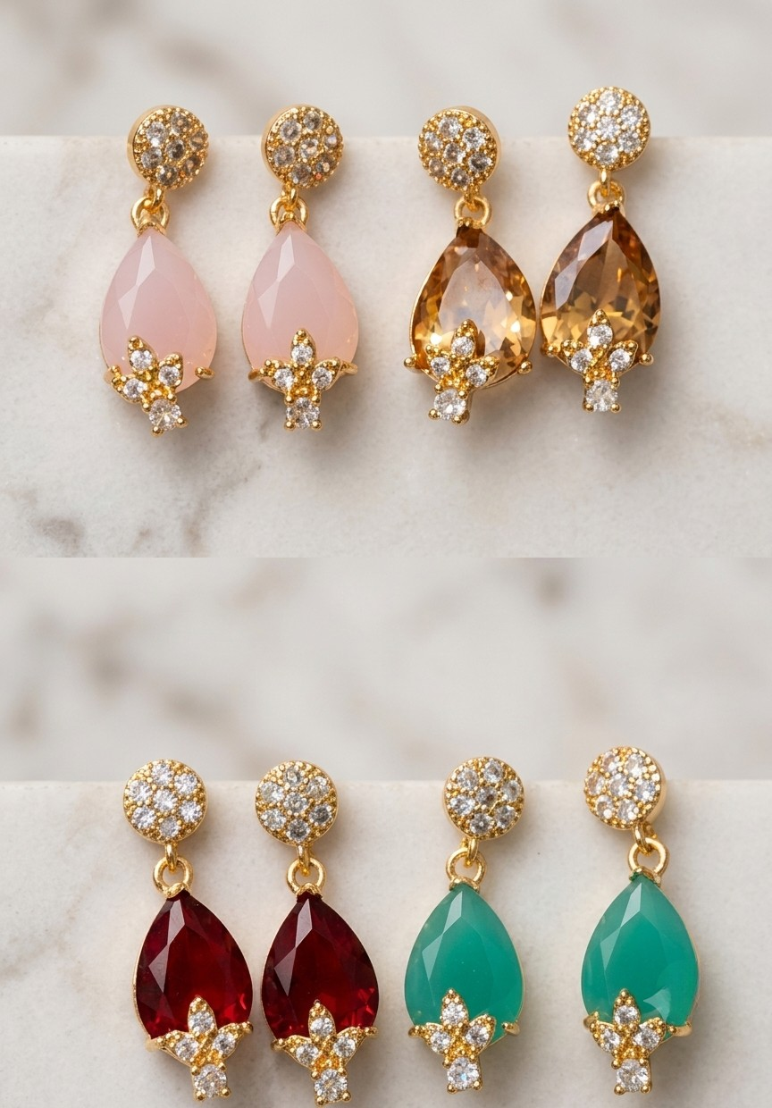 Multi-Color Flower Stud Earrings with Teardrop Drops