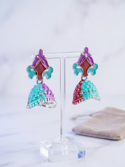 Multi-Color Enamel Meenakari Jhumka Earrings - Antique Finish Traditional Drop