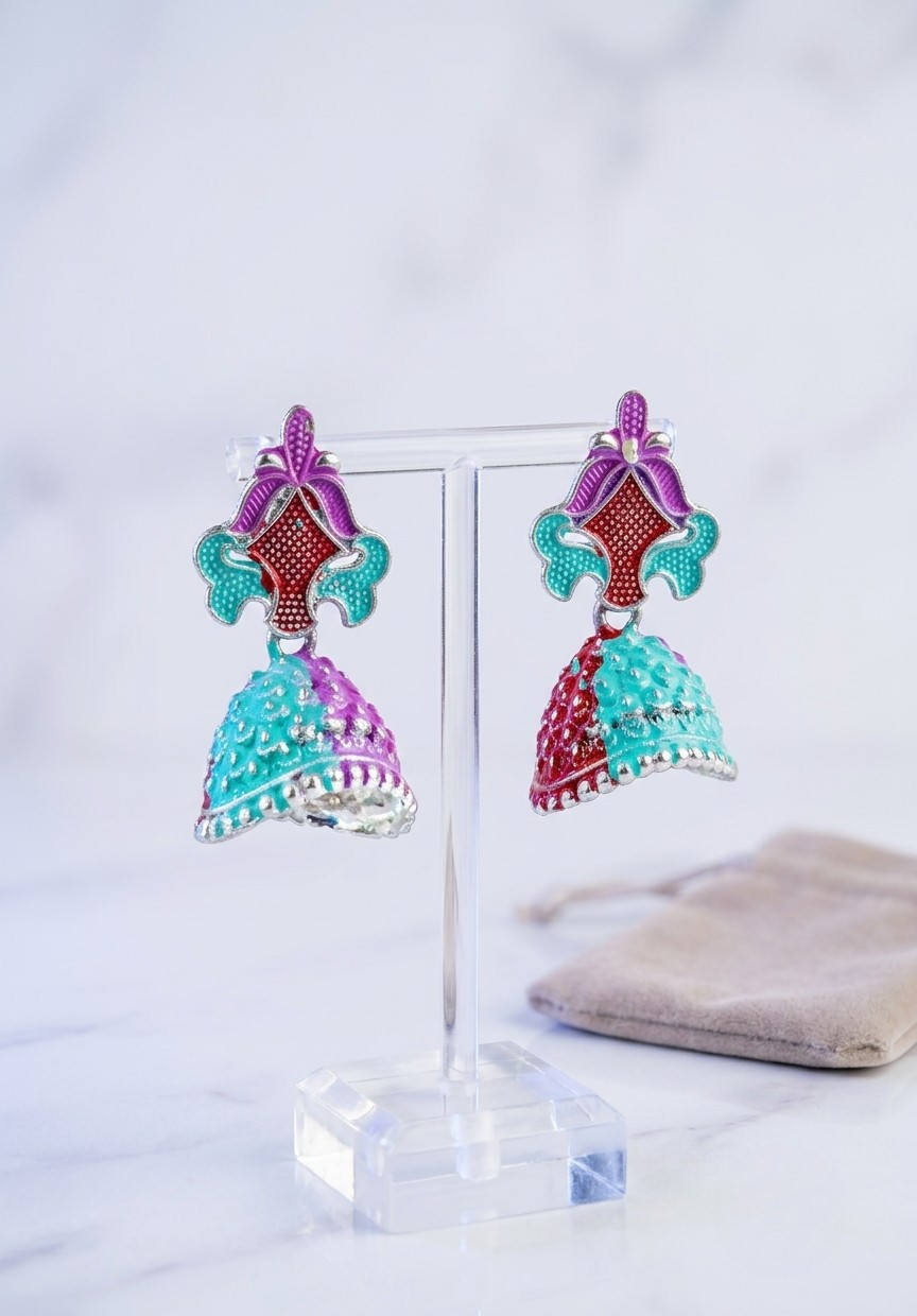 Multi-Color Enamel Meenakari Jhumka Earrings - Antique Finish Traditional Drop