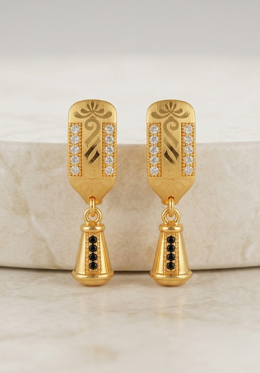 1k Gold Plated Jhumka Drop Earrings with Black and White CZ Stones