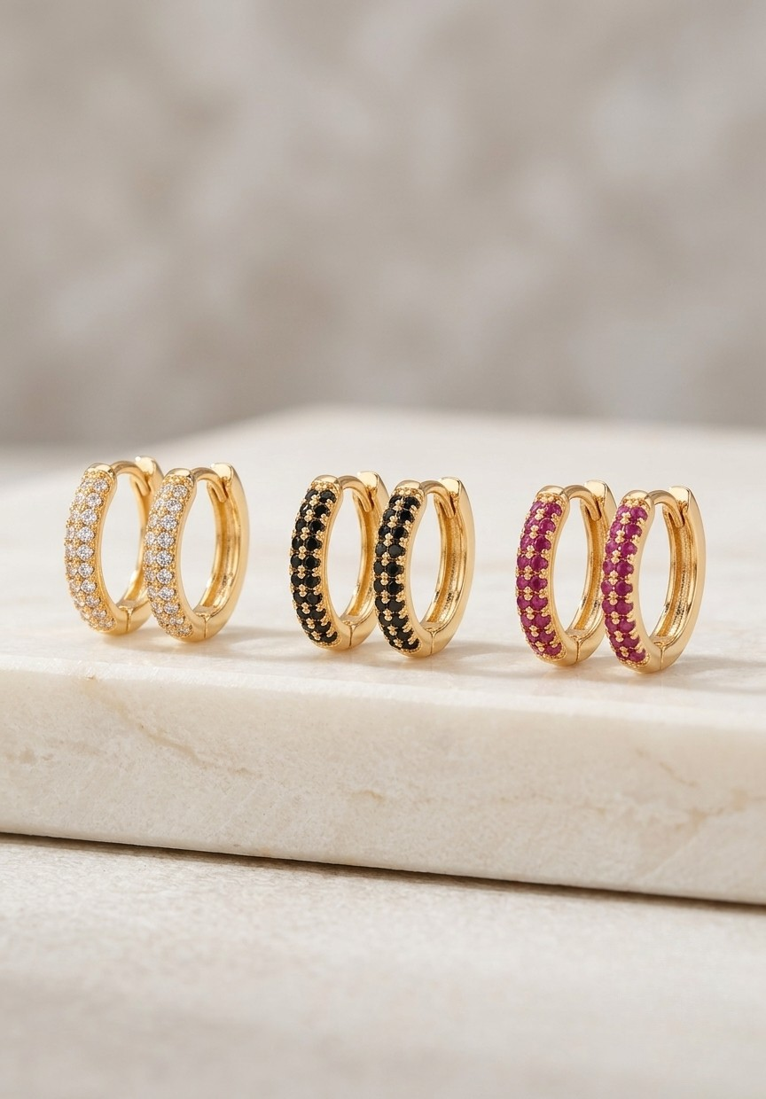 Crystal Huggie Hoop Set with Colored CZ Stones (3-Pair Multi-Pack)