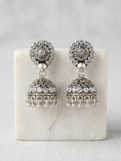 Antique Look Floral Crystal Stud and Bell Drop Jhumki Earrings
