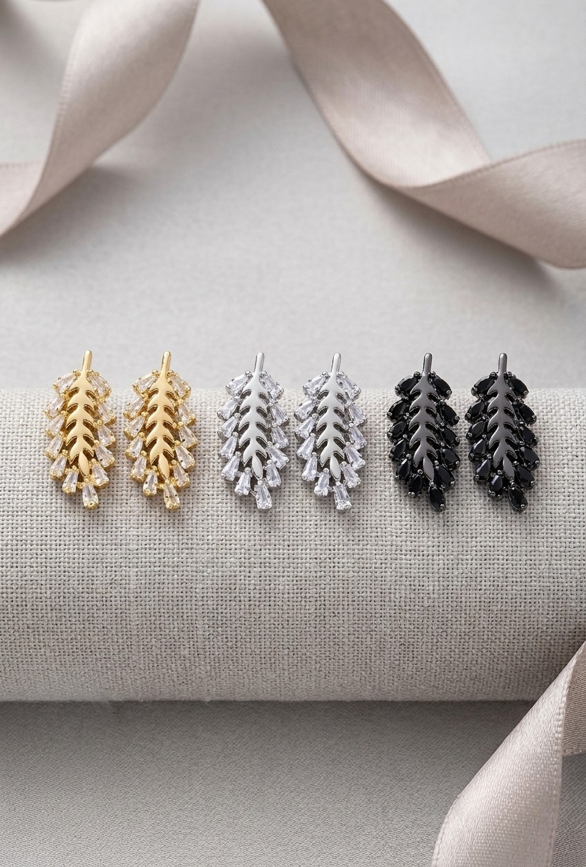 Sparkling Pave Feather/Leaf Stud Earrings - Climber Style Everyday Jewelry
