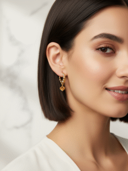 Textured Gold-Tone Beaded Hoop Earrings with Sunburst Heart Charm