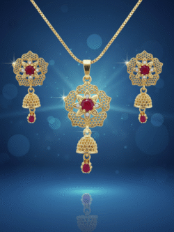 Traditional Red Stone Pendant & Jhumka Set with free Chain