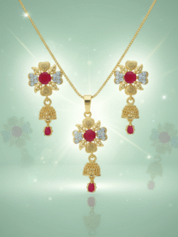Exquisite Gold-Plated Floral Pendant Necklace and Dangler Jhumka Earrings Set with Ruby Red and White Stones