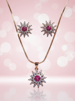 Dazzling Rose Gold Plated Sunburst Pendant Necklace and Stud Earring Set with Pink and White Stones