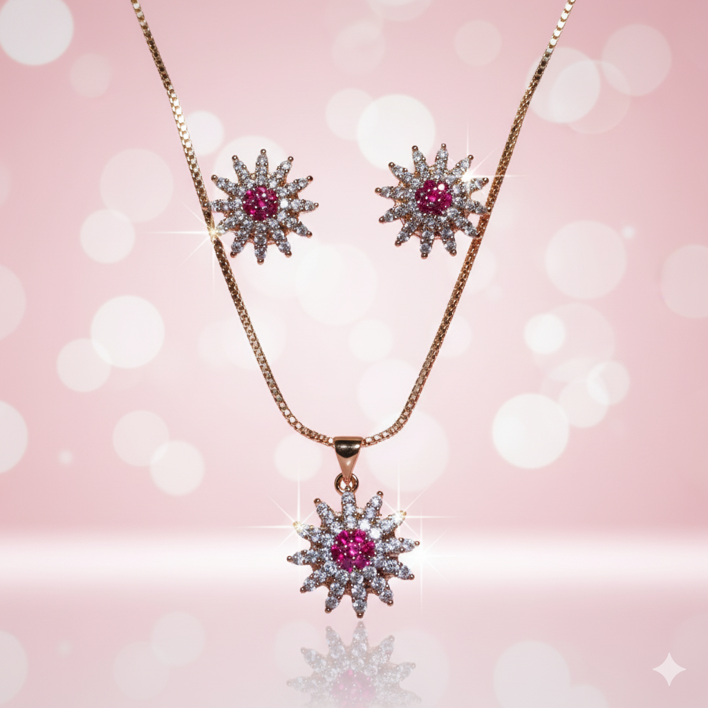 Dazzling Rose Gold Plated Sunburst Pendant Necklace and Stud Earring Set with Pink and White Stones