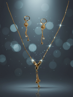 Delicate Gold-Tone Y-Lariat Necklace and Earring Set with Textured Beads & Chain Drops