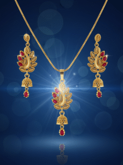 Traditional Gold-Plated Leaf Motif Pendant Necklace and Ruby Red Stone Jhumka Earrings Set