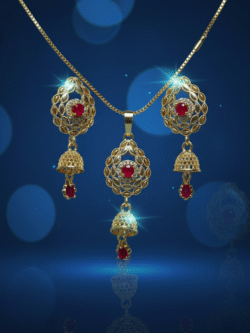Exquisite Gold-Plated Filigree Pendant Necklace and Dangler Jhumka Earrings Set with Ruby Red Stones