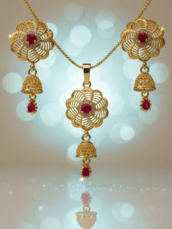 Elegant Gold-Plated Scalloped Flower Pendant Necklace and Red Stone Jhumka Earrings Set