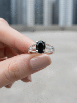 Classic Black Oval Solitaire Ring with Textured Silver Band