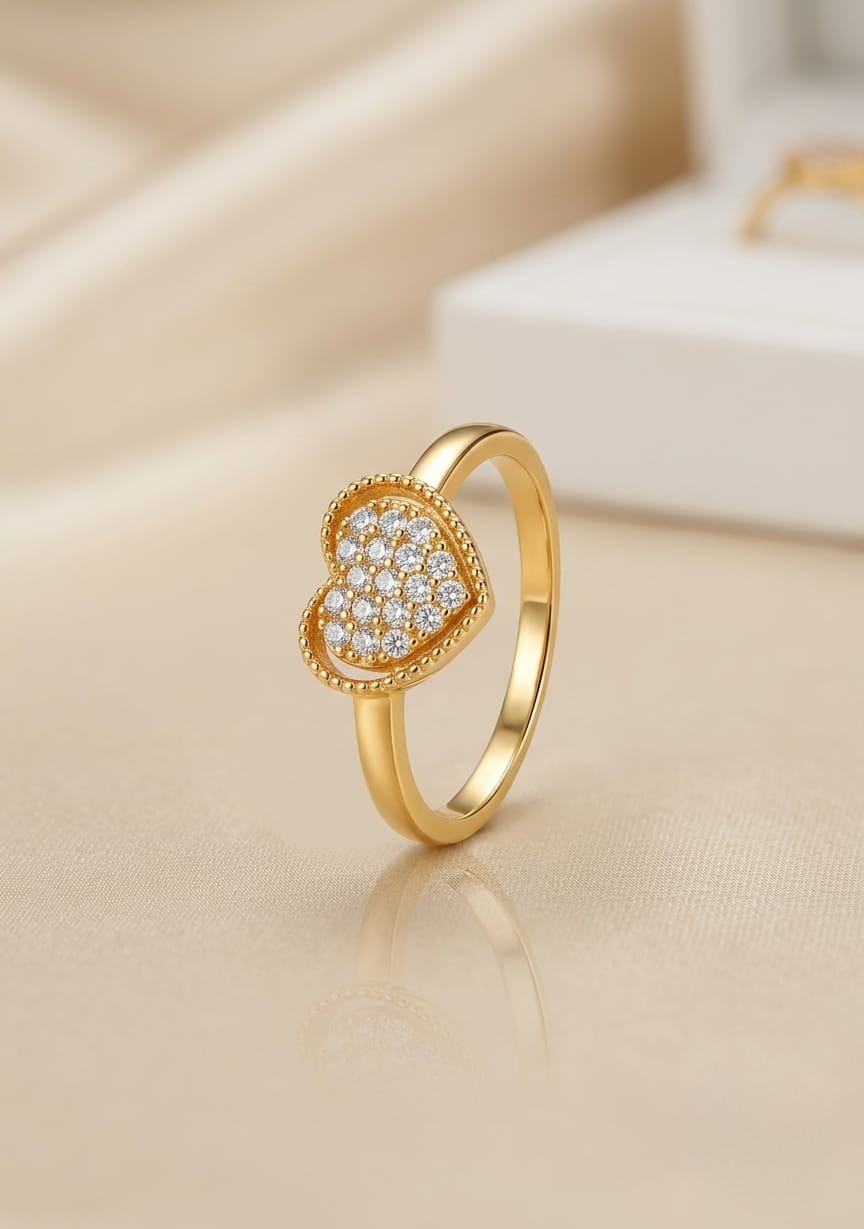 Dazzling Pavé Heart Adjustable Ring with Beaded Edge