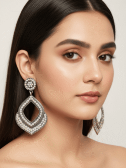 Oxidized Silver Tone Pave Crystal Geometric Dangle Statement Earrings