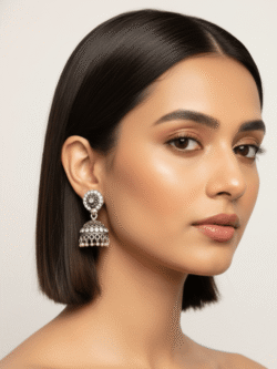 Antique Look Floral Crystal Stud and Bell Drop Jhumki Earrings