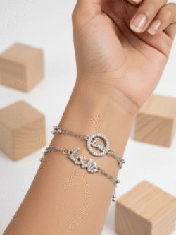 Elegant 'Love' Script & Pave Circle Charm Dainty Stacking Bracelet for Women