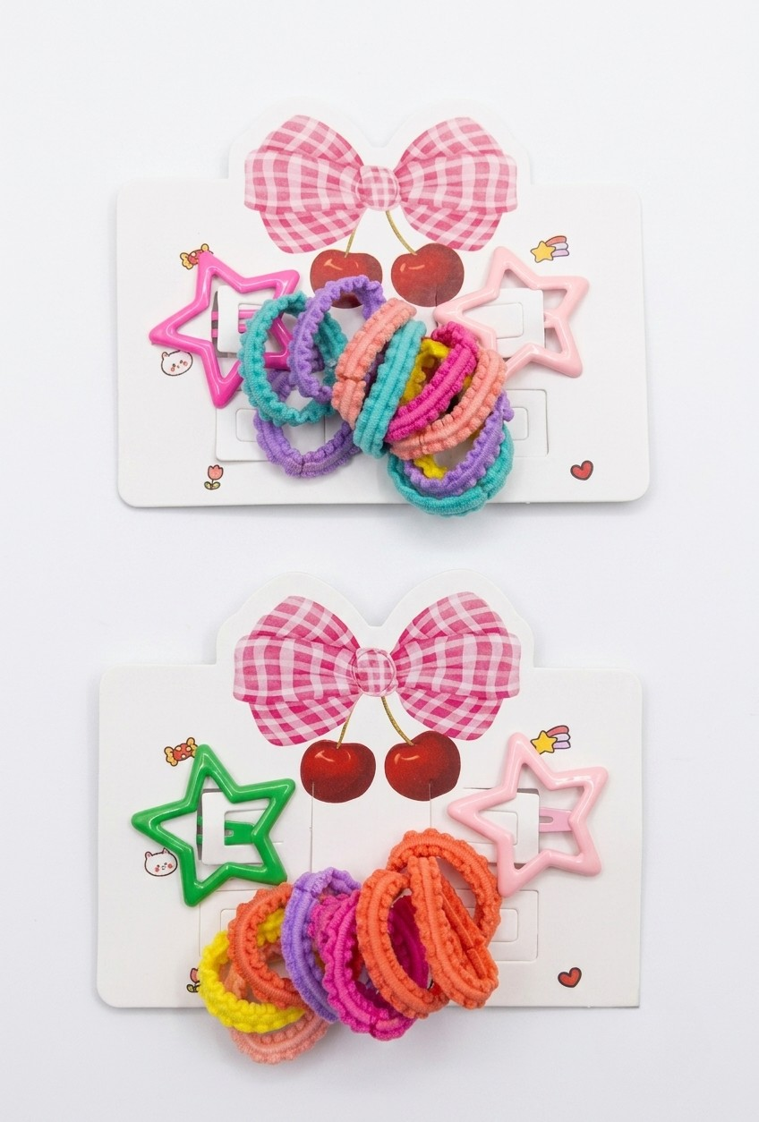 Star Snap Clips & Textured Elastic Set – Colorful Multi-Piece Hair Accessory Collection