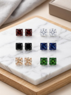 Multicolor Princess-Cut & Round Solitaire Stud Sets