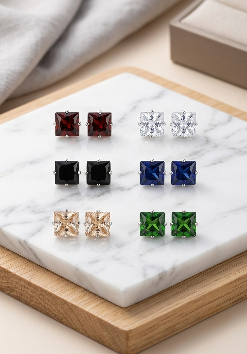 Multicolor Princess-Cut & Round Solitaire Stud Sets