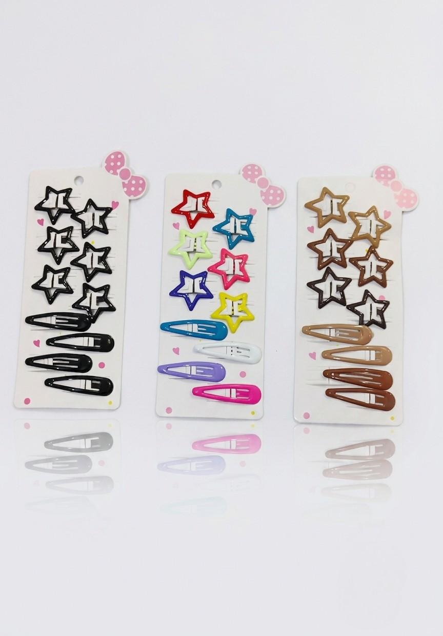 Star & Teardrop Matte Snap Clip Set – Colorful 10-Piece Hair Accessory Kit