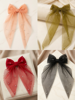 Sheer Organza Rhinestone Bow Clips – Elegant Long-Tail Hair Accessories