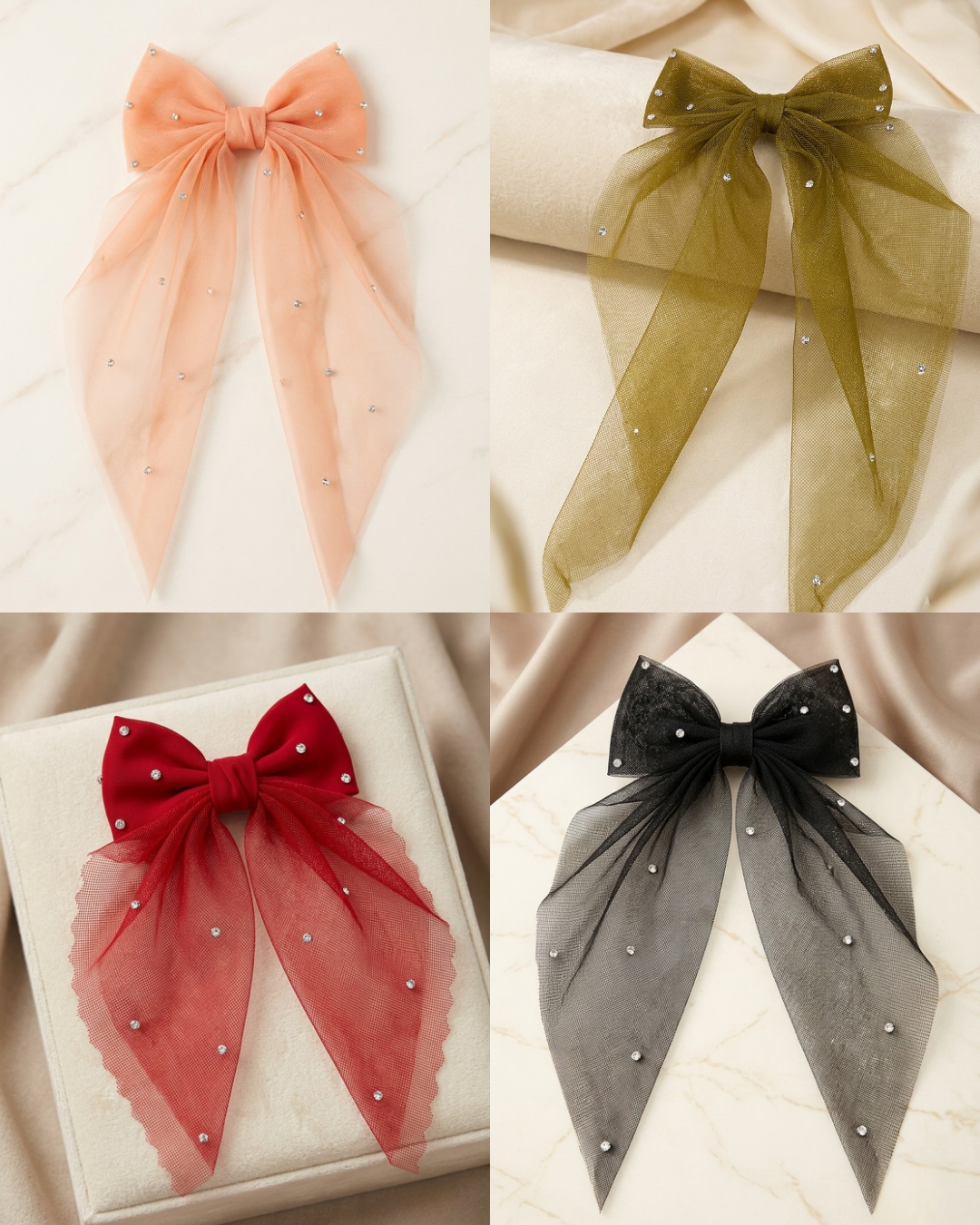 Sheer Organza Rhinestone Bow Clips – Elegant Long-Tail Hair Accessories
