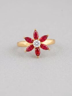 Elegant Gold-Tone Floral Ring with Ruby-Red Marquise Stones