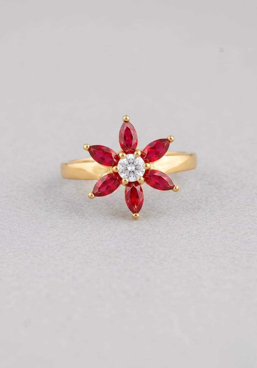 Elegant Gold-Tone Floral Ring with Ruby-Red Marquise Stones