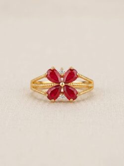 Exquisite Gold-Tone Floral Ring with Pear-Cut Ruby Stones