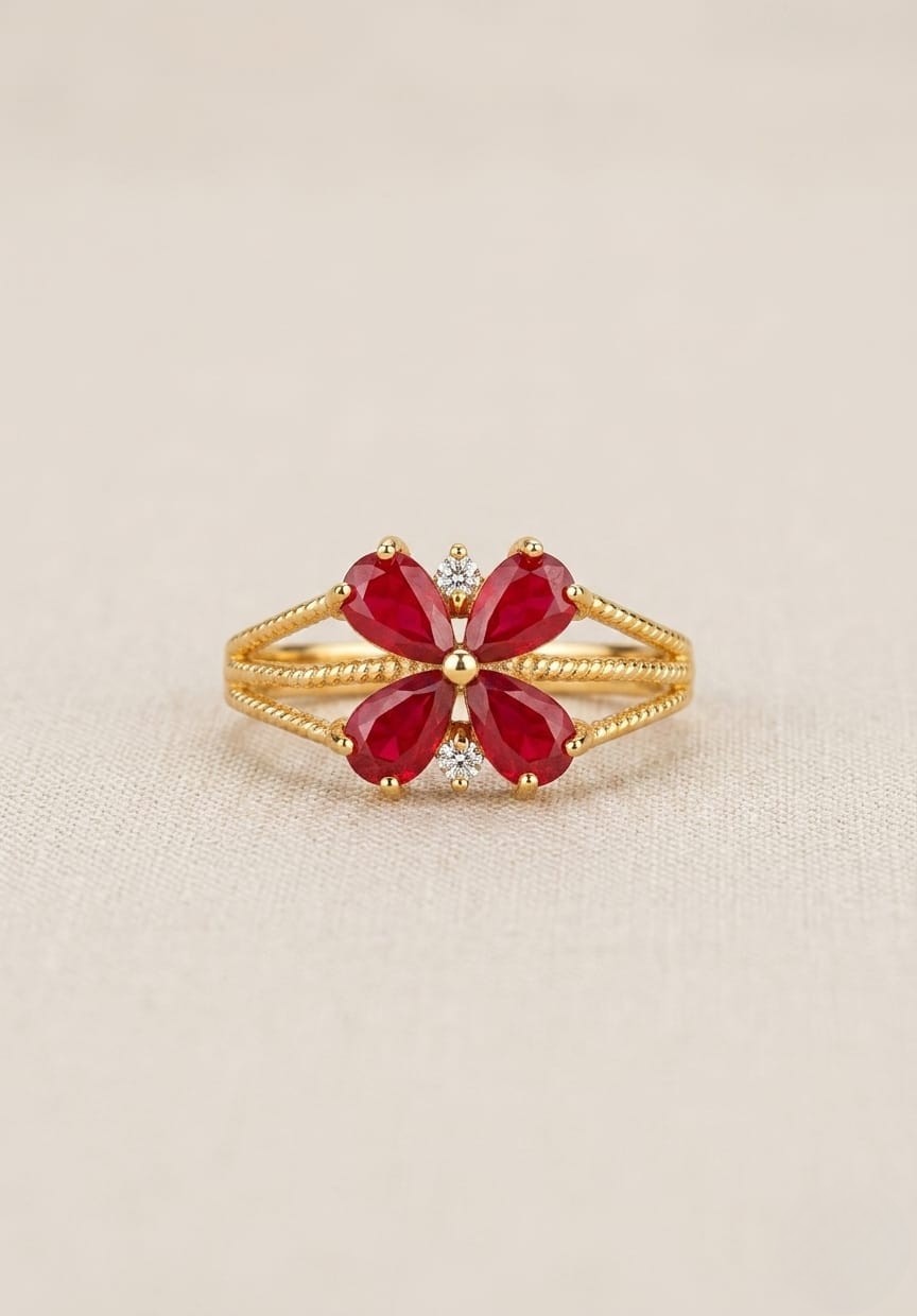 Exquisite Gold-Tone Floral Ring with Pear-Cut Ruby Stones