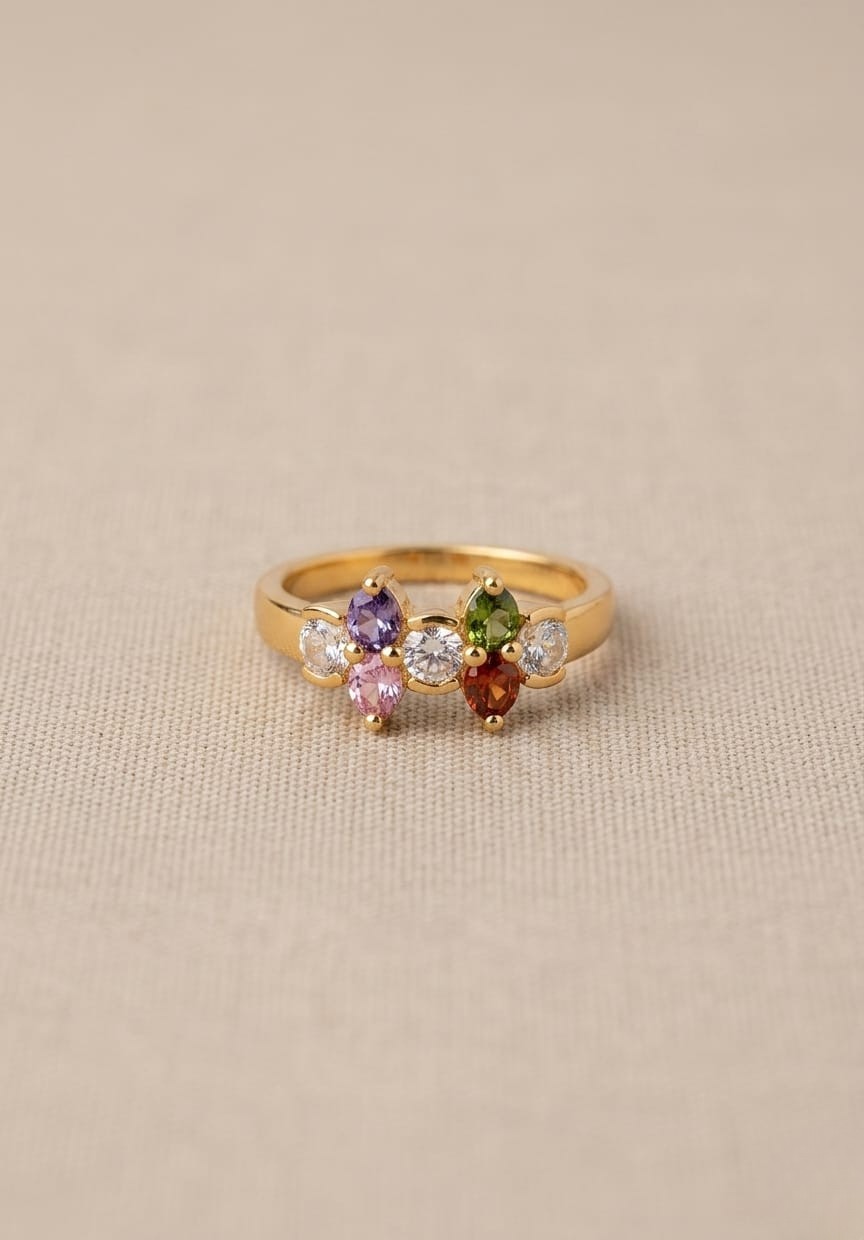 Multi-Color Gemstone Gold-Tone Ring with Marquise and Round Crystals