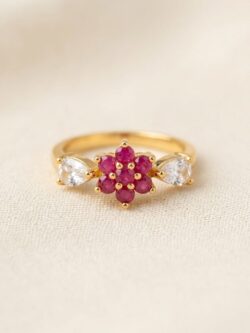 Elegant Gold-Tone Floral Ring with Ruby-Red Cluster and Teardrop Crystals