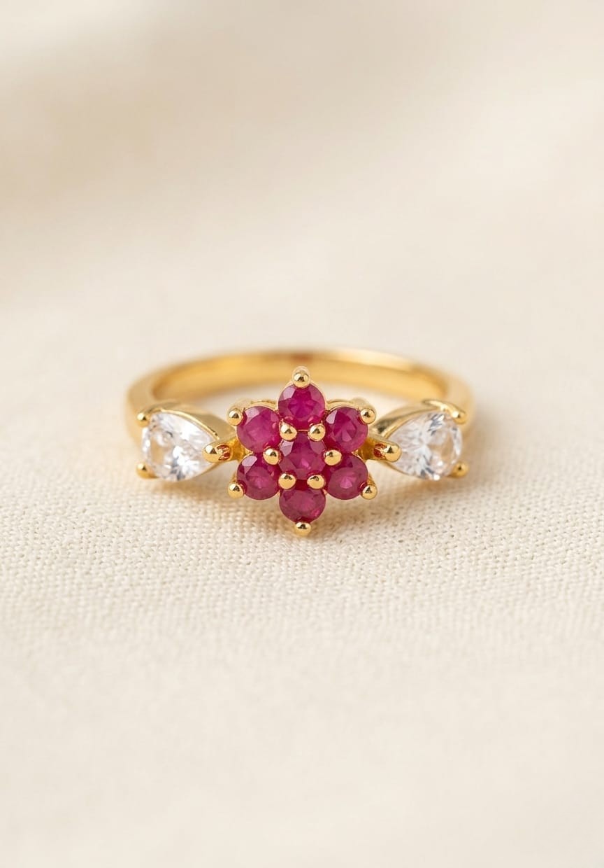 Elegant Gold-Tone Floral Ring with Ruby-Red Cluster and Teardrop Crystals