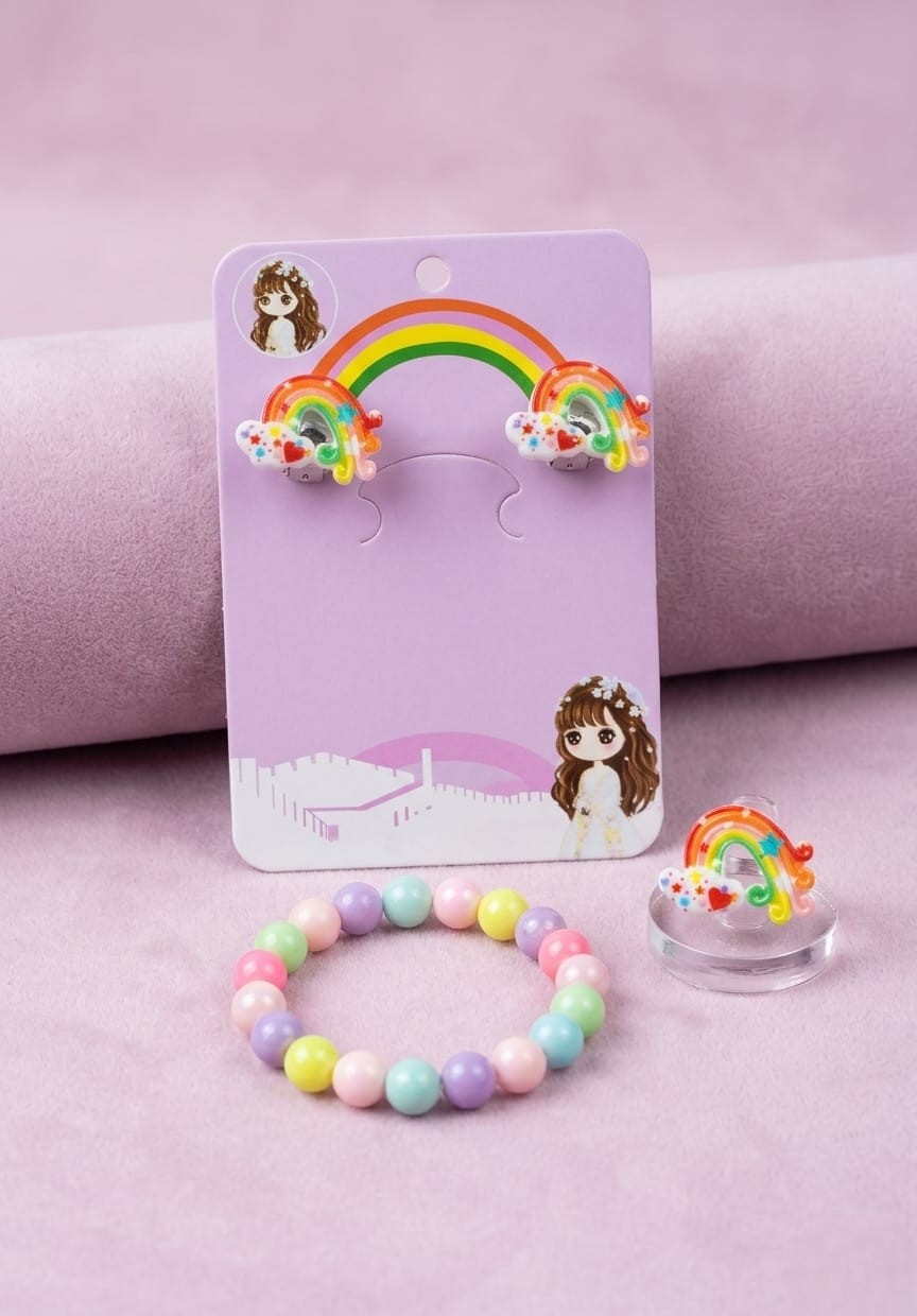 Cute Kids Rainbow / Frozen-Themed / Swan / Lollipop / Butterfly & Cartoon Character Charm Bracelet, Clip-On Earrings, Ring Set - Image 2
