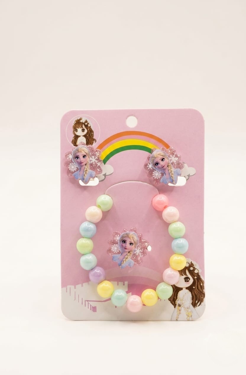 Cute Kids Rainbow / Frozen-Themed / Swan / Lollipop / Butterfly & Cartoon Character Charm Bracelet, Clip-On Earrings, Ring Set - Image 3