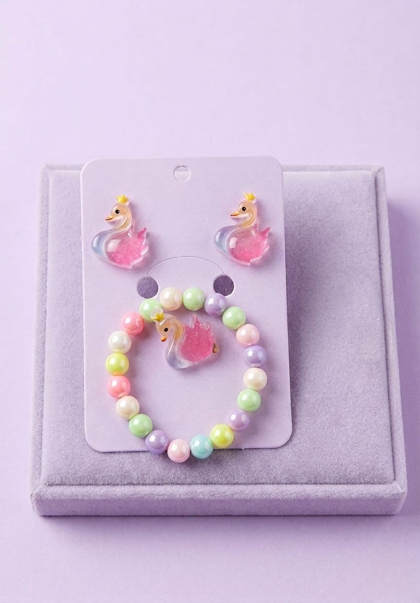 Cute Kids Rainbow / Frozen-Themed / Swan / Lollipop / Butterfly & Cartoon Character Charm Bracelet, Clip-On Earrings, Ring Set - Image 4